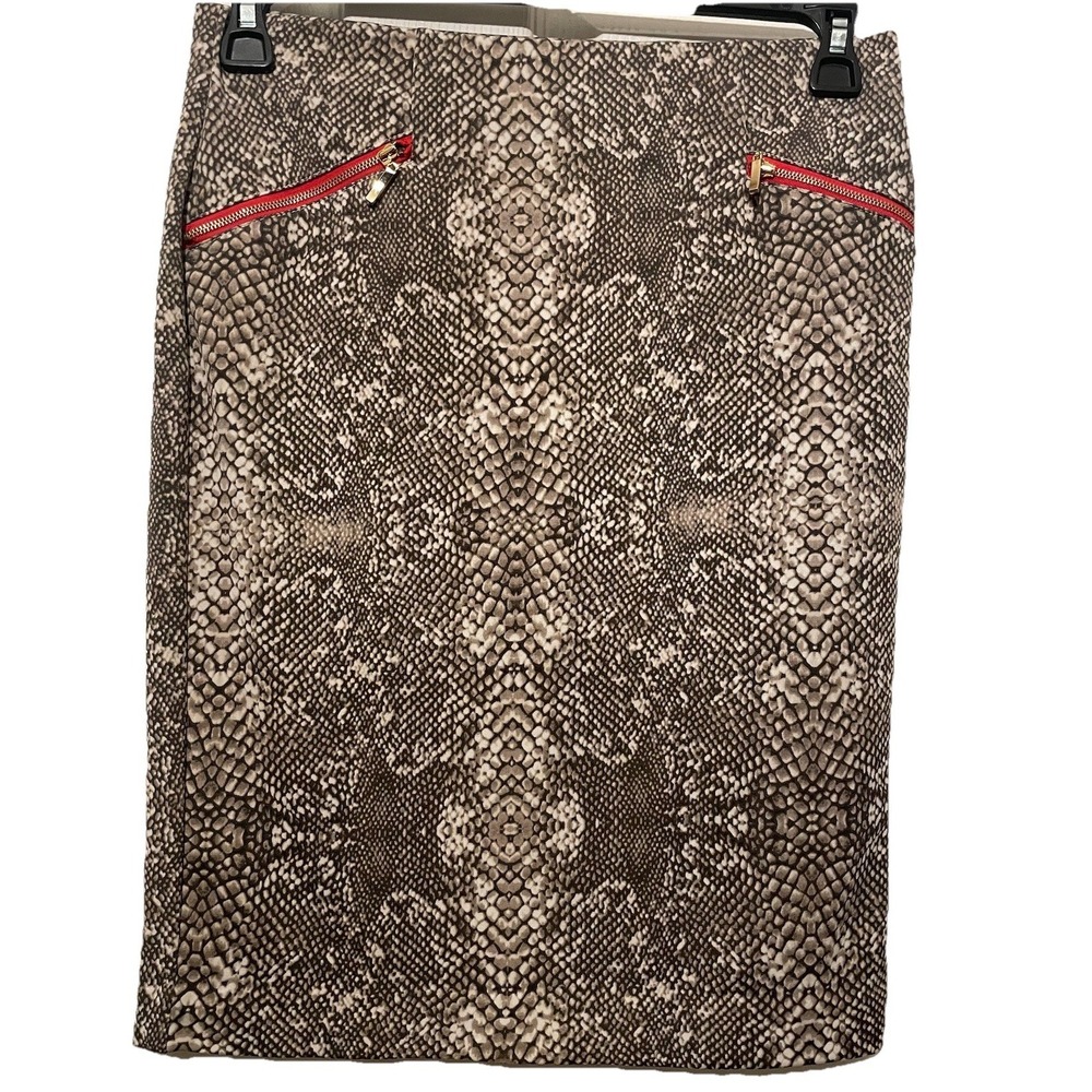 Alfani Snake Print Pencil Skirt Size 2 Red Zip Accent Stretch Midi Career Chic - Picture 2 of 5